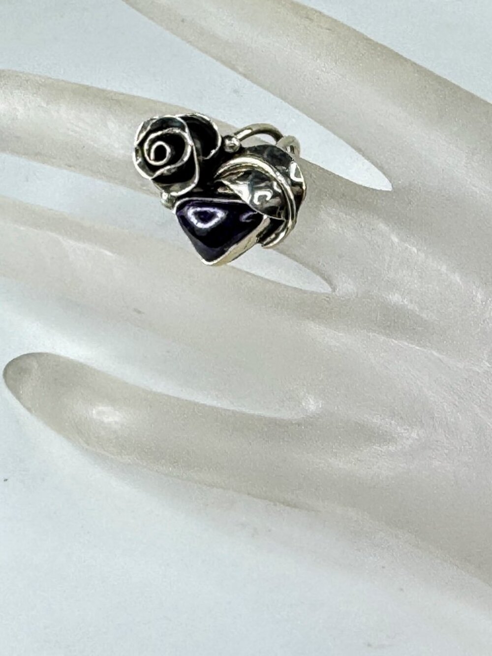 Vintage Sterling Silver Amethyst Rose Cuff Bracelet and Ring 6" s6 32g JR2073
